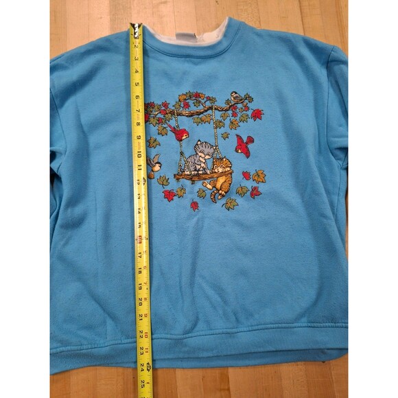 Vintage Basic Editions Sweatshirt Cats Birds Graphic Teal Blue Women's Large L - Picture 4 of 7